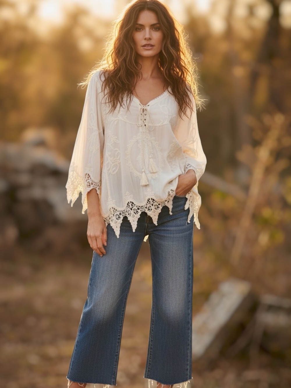 One Love Boho Embroidered Cotton Crochet Tunic Top Winter White Tassel Blous
